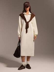 Hanevo 秋冬新款休闲街头简约通勤宽松返校高领拉链半开下摆套头长袖开叉H型宽松卫衣连衣裙女 - 杏色 - 查看 4