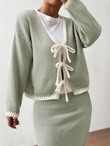 Flirla 2件套渐变色蝴蝶结带休闲基本款针织套装，秋冬 - 彩色 - 查看 4