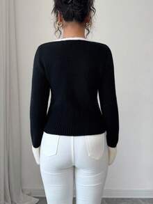 Elenzga Suéter elegante de punto con diseño de bolsillo falso para mujer, de alta calidad y gracia - Negro - Ver 2