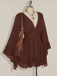 SHEIN ICON Váy chữ A cổ chữ V, eo nhún cỡ lớn, tay loe, phong cách Boho, Hippie, Y2K, phù hợp cho mùa hè, phong cách du mục, kỳ nghỉ hè, lễ hội âm nhạc, lễ tốt nghiệp và mùa tựu trường - màu nâu - Xem 5