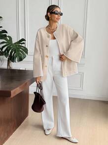 Serisse 女式落肩长袖金属单排扣宽松休闲人字纹饰边夹克 - 杏色 - 查看 4