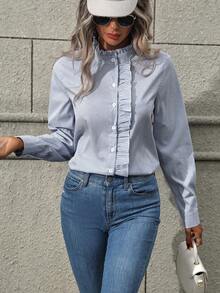 EMERY ROSE Women's Ruffle Collar Long Sleeve Striped Single-Breasted Elegant Shirt