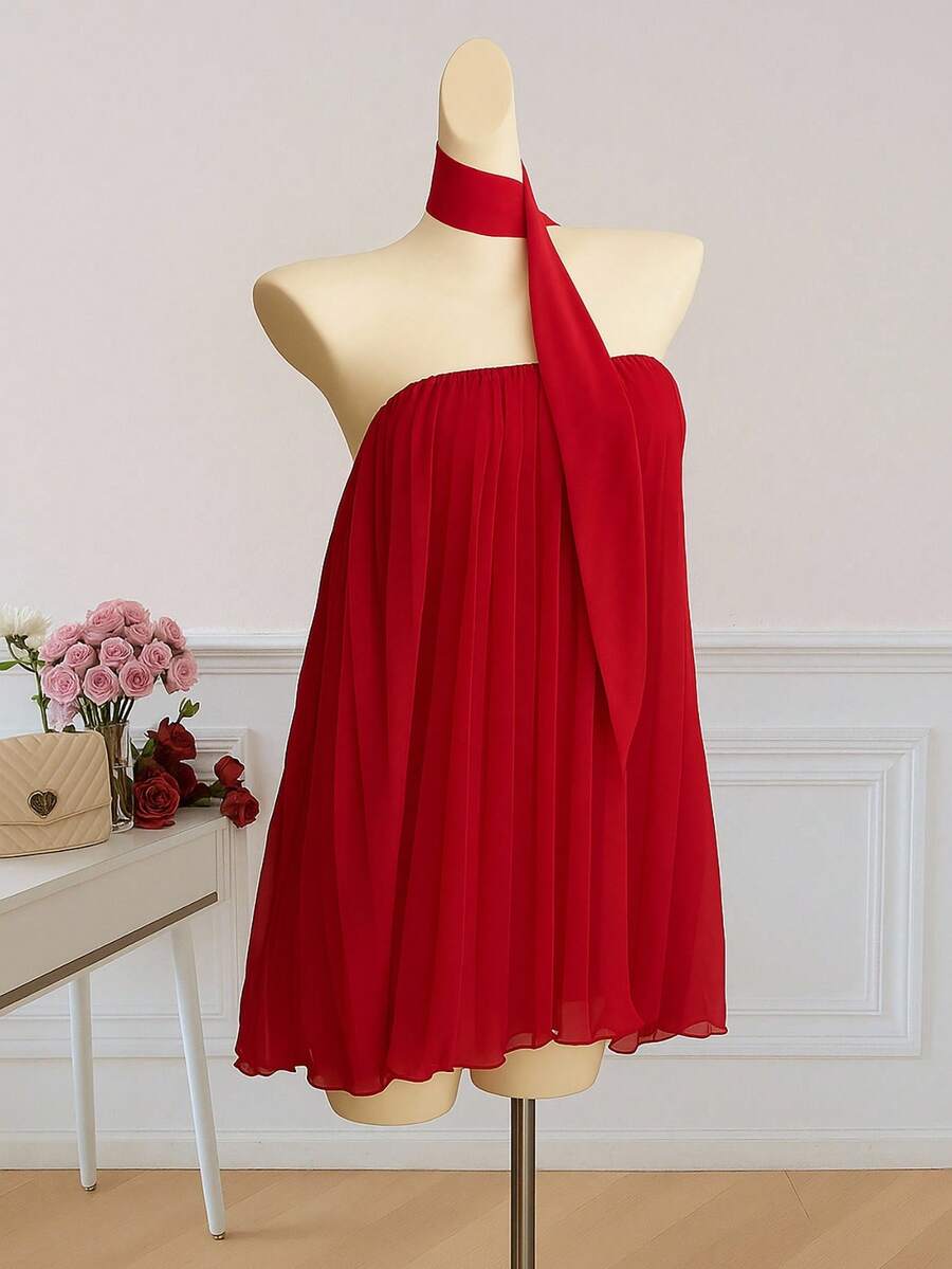 Elamini Solid Color Pleated Bandeau A-Line Mini Dress - Red - View 1
