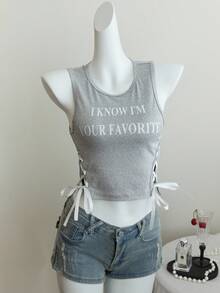 Elamini Women's Slogan Graphic Lace-Up Side Crop Tank Top I KNOW I'M YOUR FAVORITE Graphic Tees Women Tops - Light Grey - View 3