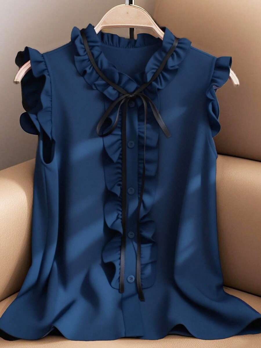 Franclia 荷叶边无袖休闲宽松衬衫，优雅女式衬衫，红色上衣，夏季服装