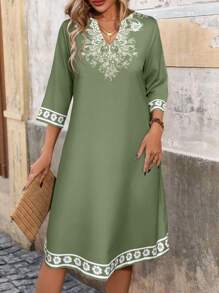 EMERY ROSE 女式领口、袖口和下摆花卉印花简约休闲连衣裙长款女装