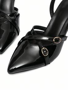 CUCCOO CURVES 大码女士尖头高跟鞋，时尚交叉带设计，优雅女士高跟鞋 - 黑色 - 查看 4