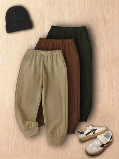 SHEIN 男童三件套军绿色、棕色、卡其色秋季松紧腰基本款运动裤，适合秋冬季休闲、运动、校服，运动裤