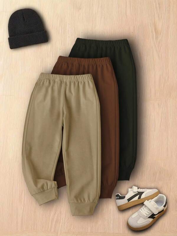 SHEIN 男童三件套军绿色、棕色、卡其色秋季松紧腰基本款运动裤，适合秋冬季休闲、运动、校服，运动裤