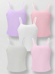 5pcs Tween Girls Minimalist Solid Color Macaroon Series Comfortable Cami Tops Underwear Set - Multicolor - View 2