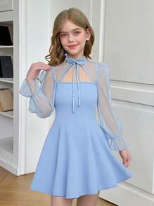 SHEIN Serisse Kids 圣诞节女孩优雅奢华网眼撞色镂空喇叭裙公主裙