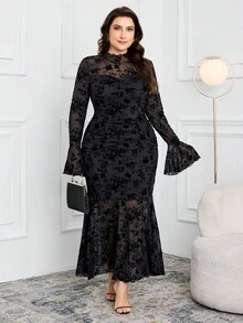 Modelyn Váy dài tay họa tiết hoa lưới ôm sát thanh lịch đuôi cá cỡ lớn cho nữ - màu đen - Xem 5