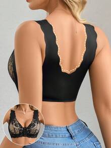 Lace Patchwork Wireless Removable Padded Front Closure Ruffle Trim Wide Strap Bra Black Push Up Bra Lace Push Up Bra Front Closure Lace Bra Goth - Black - View 2