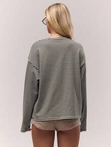 MUSERA 长袖条纹纽扣宽松T恤，秋季复古乡村风休闲居家女装，奶油糖色，优雅春夏假日风 - 黑色 - 查看 4