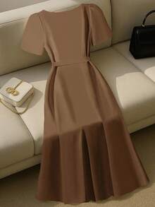 Franclia 女士优雅复古简约纯色泡泡袖系带连衣裙，夏季棕色连衣裙，女士优雅棕色连衣裙，咖啡棕色连衣裙，夏季连衣裙，美拉德风格夏季棕色服装，适合大学校园穿着