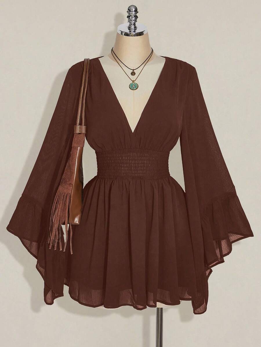 SHEIN ICON Váy chữ A cổ chữ V, eo nhún cỡ lớn, tay loe, phong cách Boho, Hippie, Y2K, phù hợp cho mùa hè, phong cách du mục, kỳ nghỉ hè, lễ hội âm nhạc, lễ tốt nghiệp và mùa tựu trường - màu nâu - Xem 1