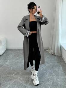 Rafferiza 宽松翻领双排扣长袖格子拼接女式风衣 - 灰色 - 查看 7