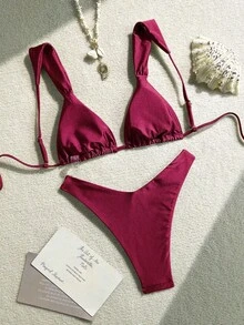 SHEIN Swim 2 件套夏季假期闪亮纯色粗肩带金色扇贝装饰三角杯文胸和高叉比基尼泳裤性感泳衣套装 - 酒紅色 - 查看 2