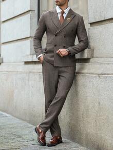 Calvornis 男士商务缺口翻领双排扣西装外套和裤子套装 - 咖啡棕 - 查看 6