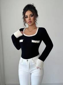 Elenzga Suéter elegante de punto con diseño de bolsillo falso para mujer, de alta calidad y gracia - Negro - Ver 6