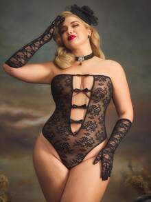 SHEIN 大码女式蝴蝶结蕾丝性感紧身衣 - 黑色 - 查看 3