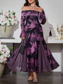 Modelyn 大码女式优雅网眼印花拼接露肩紧身连衣裙 - 紫色 - 查看 1