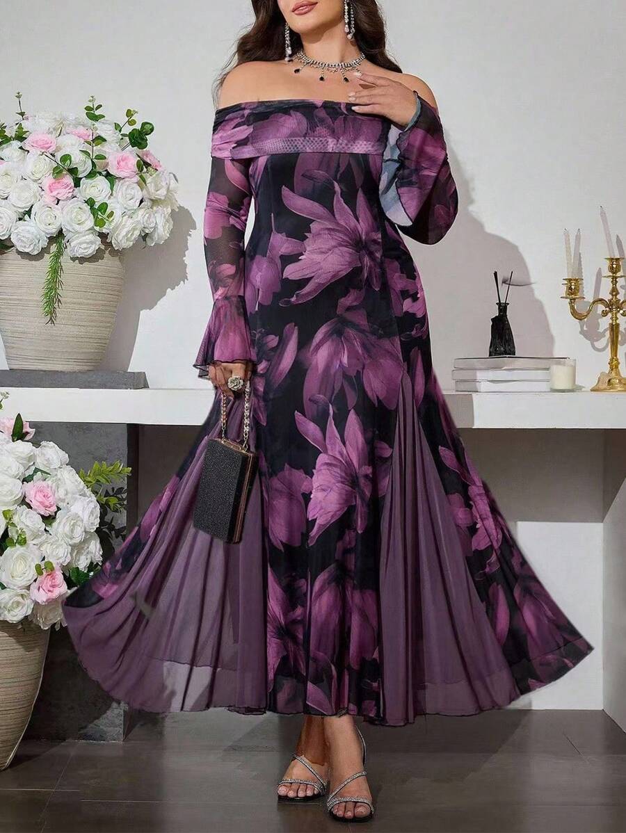 Modelyn 大码女式优雅网眼印花拼接露肩紧身连衣裙 - 紫色 - 查看 1