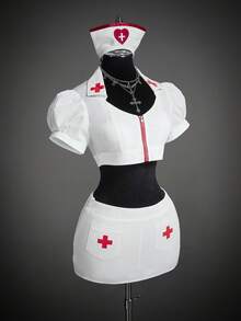 SHEIN ICON Women's Halloween Nurse Costume Set, Cross Decor Short Sleeve Cropped Zip-Up Top And Low-Waist Mini Skirt, Bodycon Sexy Cosplay Outfit