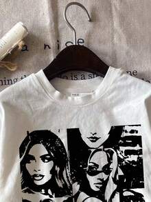 Attitoon Tricou de damă casual cu imprimeu portret, alb, guler rotund, mânecă scurtă, potrivit pentru vară, amestec de bumbac