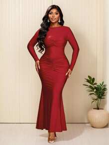 女士优雅性感派对长袖褶裥鱼尾下摆长裙 - 酒紅色 - 查看 3