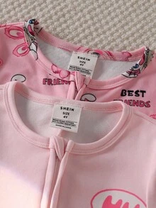 2pcs/Set Young Girl' Rabbit Pattern High Stretch Long Sleeve Jumpsuit Pajama Set  Snug Fit Fall Winter - Pink - View 4