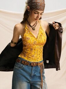 Easelle Top Sequin Embroidered Top Orange Autumn Wear Women's Halter Neck Sequin Top Orange Autumn And Winter Retro Party Festival Wear - Orange - View 8
