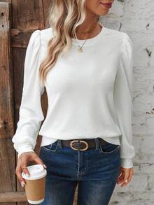 EMERY ROSE Women's Casual Versatile Crew Neck Long Sleeve T-Shirts - White - View 3