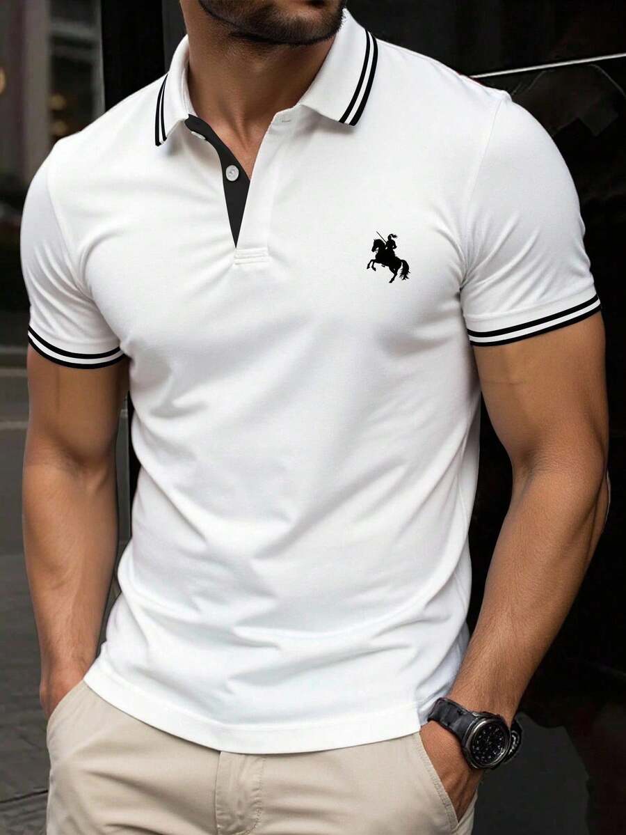 Manfinity Dauomo 大码男士时尚商务休闲骑士马印花 Polo 衫,适合夏季 - 白色 - 查看 1