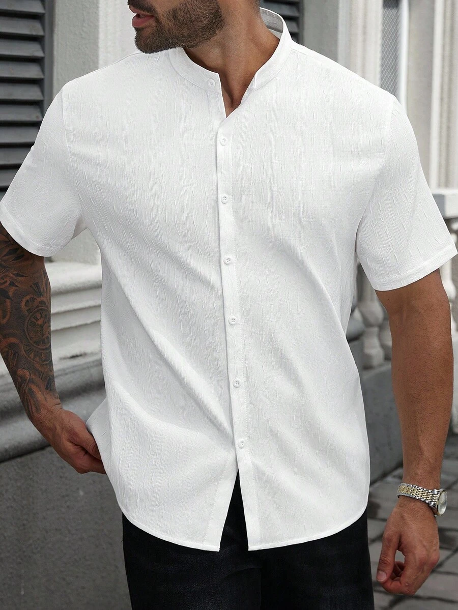 Manfinity Homme Men Plus Casual White Shirt,Textured Fabric Design,Summer Basic Casual Vacation,Suitable For Outdoor Activities,Daily Commute,Fashionable Gift For Him - White - View 1