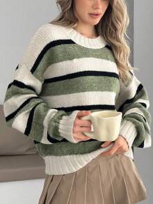 EURMUSE Olive Bold Stripe Chunky Knit Sweater In Sage And Ivory,Jumper,Cream Jumper,Jumpers For Women,Jumpers,Black Jumper,Womens Jumper,White Jumper,Women's Jumper,Women's Jumpers,Winter Clothes - Green - View 2