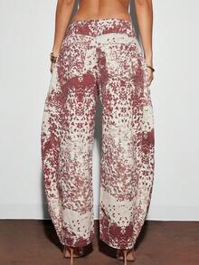 Denimoi 女士时尚街头风格全印花斜口袋牛仔裤 - 棕色 - 查看 4