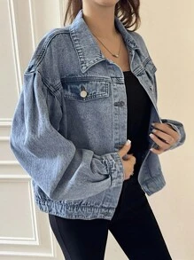 Vintage Washed Denim Blue Single-Breasted Loose BF Style Pleated Puff Sleeve Denim Jacket For Teen Girls, Fashionable & Versatile, Soft & Comfortable Fabric, Suitable For Spring, Autumn, Winter Daily Wear, Commuting, Travel - Medium Wash - View 4
