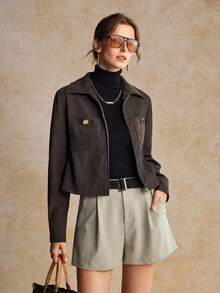 House of One Quần short xếp ly dệt trơn có thắt lưng đen dành cho nữ mặc thường ngày mùa thu - Màu Khaki - Xem 4