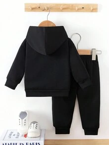 2 件女婴休闲时尚字母印花羊毛连帽卫衣和裤子套装，秋冬；2 件女婴彩色“公主”字母图案可爱连帽卫衣套装 - 黑色 - 查看 4