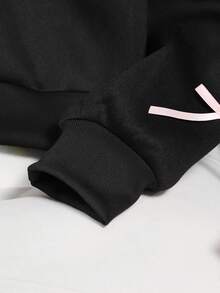 SHEIN 女童夹克，纯色时尚蝴蝶结卫衣外套，舒适羊毛卫衣面料，中宽松版型，时尚袖子设计，青春活力风格，适合返校季或休闲户外穿着 - 黑色 - 查看 7