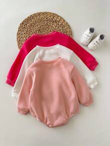 3件套新生女宝宝连体衣，秋冬季抓绒针织圆领长袖爱心印花连体衣