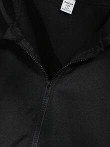 SHEIN 女童夹克，纯色时尚蝴蝶结卫衣外套，舒适羊毛卫衣面料，中宽松版型，时尚袖子设计，青春活力风格，适合返校季或休闲户外穿着 - 黑色 - 查看 5