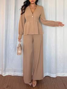 Islaluna Ensemble 2 pièces femme, Top à volants à simple boutonnage de couleur unie et pantalon large, élégant, automne