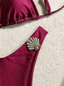 SHEIN Swim 2 件套夏季假期闪亮纯色粗肩带金色扇贝装饰三角杯文胸和高叉比基尼泳裤性感泳衣套装 - 酒紅色 - 查看 5