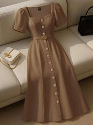 Franclia Women's Elegant Retro Minimalist Solid Color Puff Sleeve Belted Dress, Summer Brown Dress Women Elegant Brown Dress Coffee Brown Dress Summer Dress Maillard Style Summer Brown Clothes For University