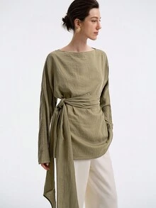 Aalyst Women's Linen Twill Street Style Vacation Office Commute Casual Off-Shoulder Loose A-Line Waist Tie Long Shirt Blouse, Spring/Autumn/Winter