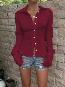 Sunnyshic White Striped Button-Front Ruffle Cuff Long Sleeve Fitted Shirt, Minimalist Style For Commuting, Casual, Elegant Daily Wear, Women Spring/Summer - Burgundy - View 5