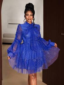Maweii Plus Size Women Elegant Vintage Party Mini Dress, Lantern Sleeve, Metallic Foil Mesh, Bodycon - Blue - View 5
