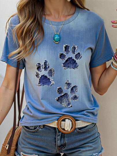 EMERY ROSE Vintage Art Faux Denim Puppy Paw Print Pattern Women Casual Round Neck Short Sleeve Top, Suitable For Outdoor Wear
